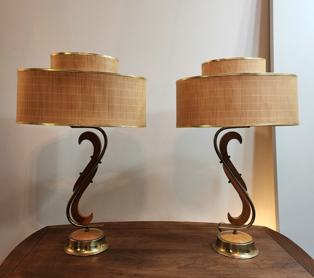 Mid-century modern Scandinavian teak & brass lamps (X2)