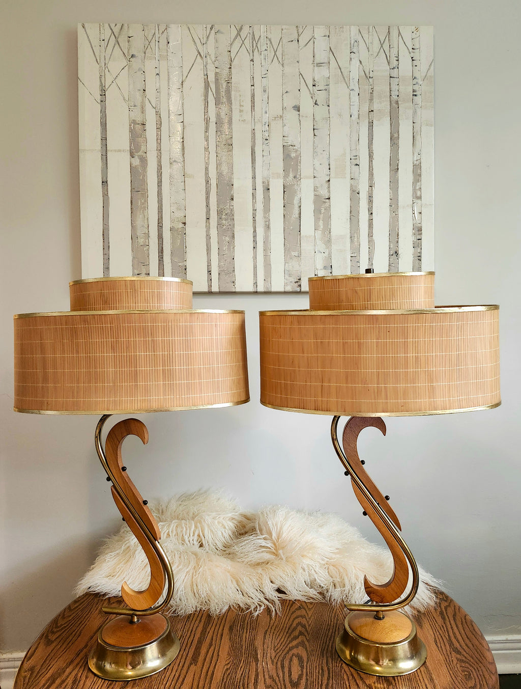 Mid-century modern Scandinavian teak & brass lamps (X2)