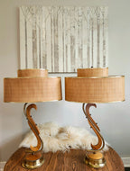 Mid-century modern Scandinavian teak & brass lamps (X2)
