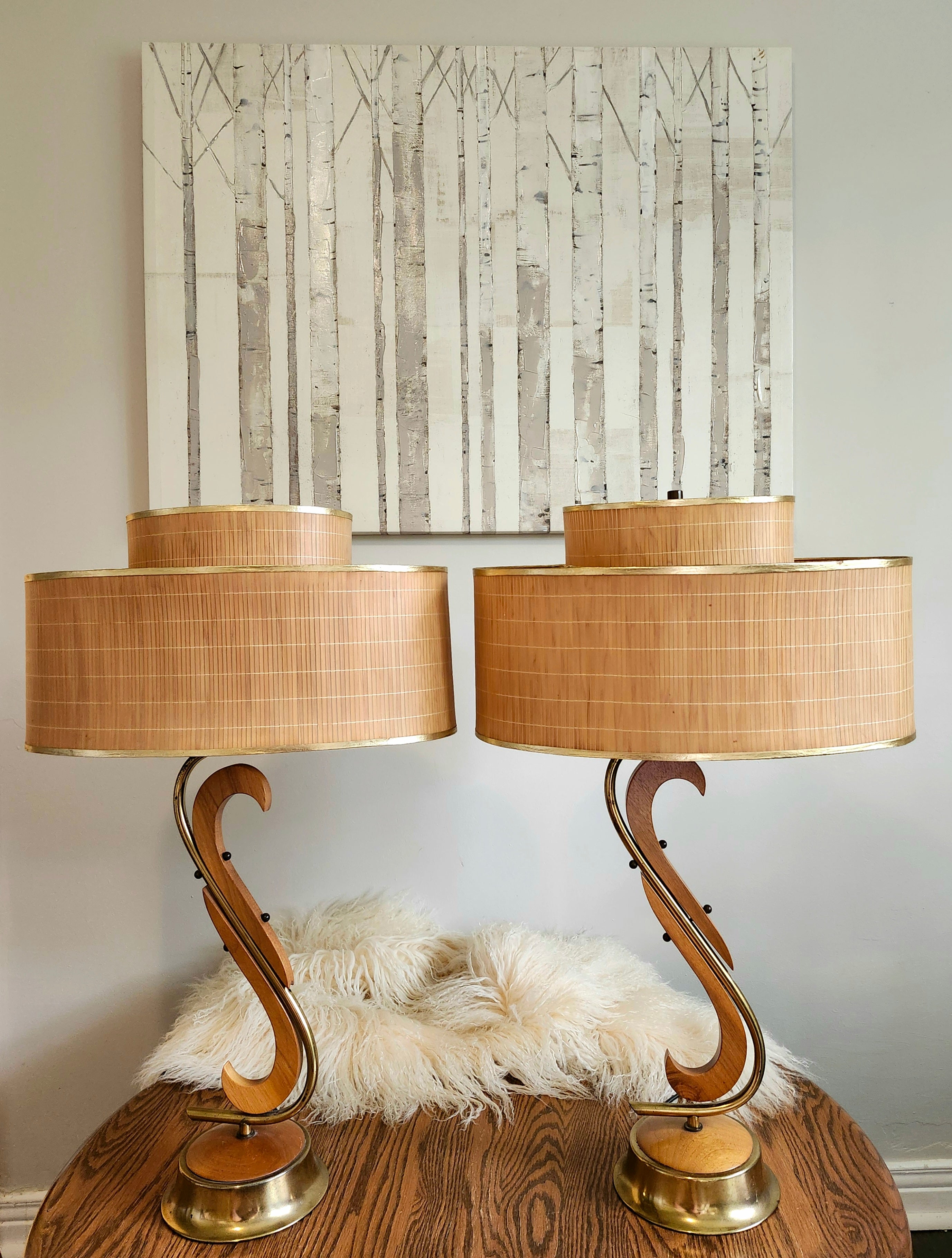 Mid-century modern Scandinavian teak & brass lamps (X2)