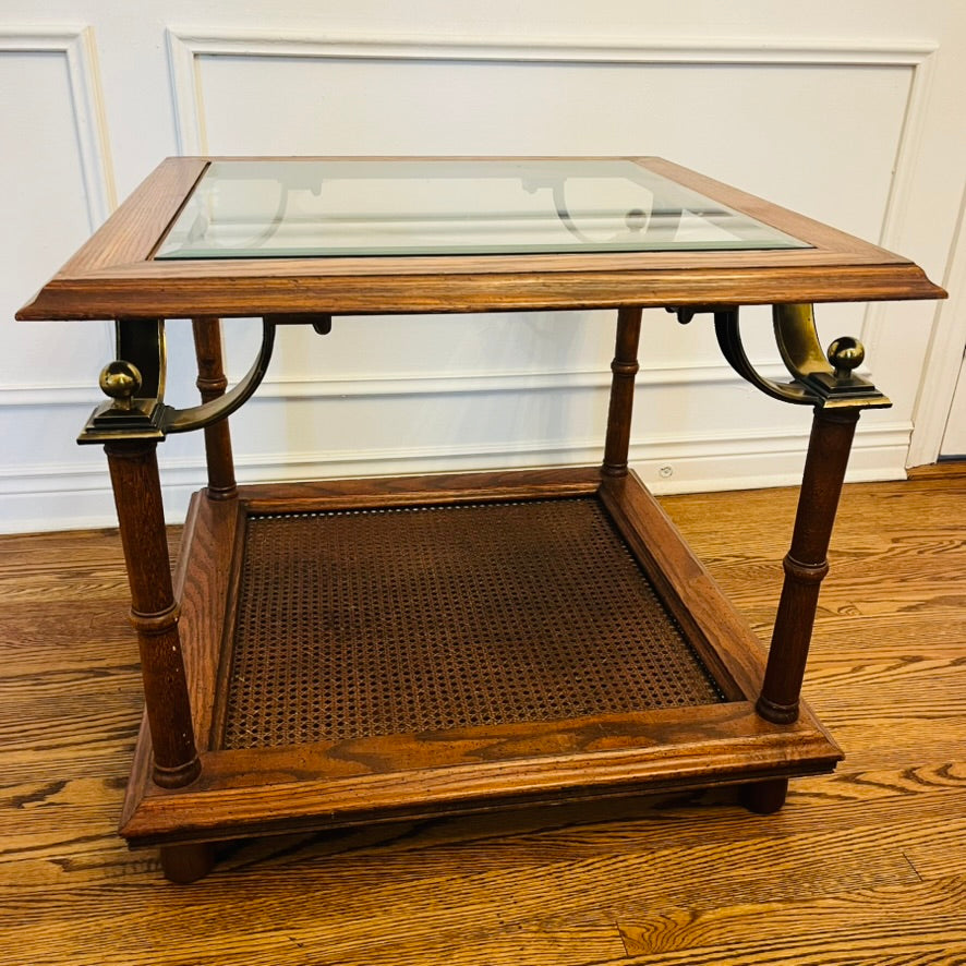 Pair of Vintage Cane & Glass End Tables with Brass Detail