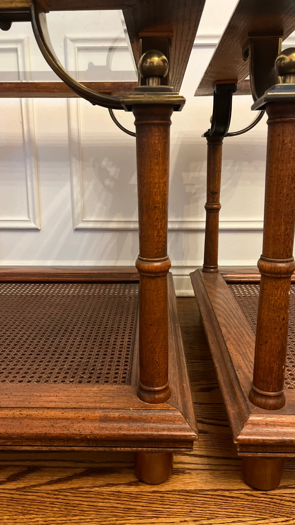 Pair of Vintage Cane & Glass End Tables with Brass Detail