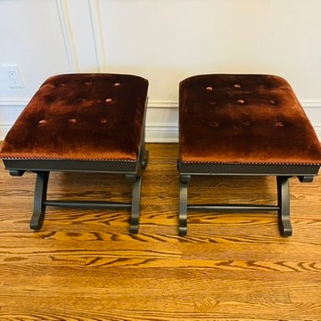 Pair of Rust Velvet Tufted X-Base Benches / Stools