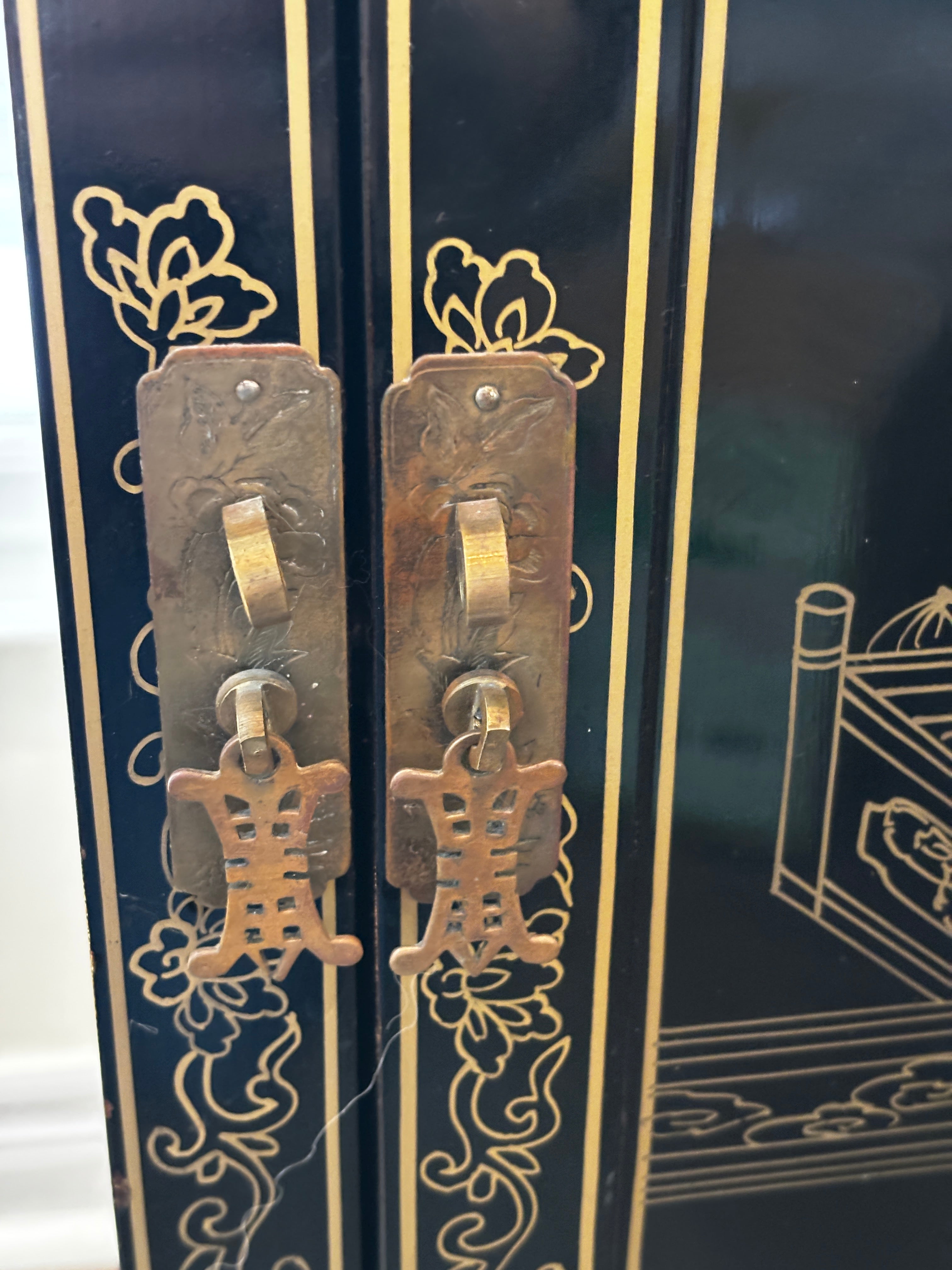 Vintage Asian Style Black Lacquer Cabinet with Mother-of-Pearl Inlay