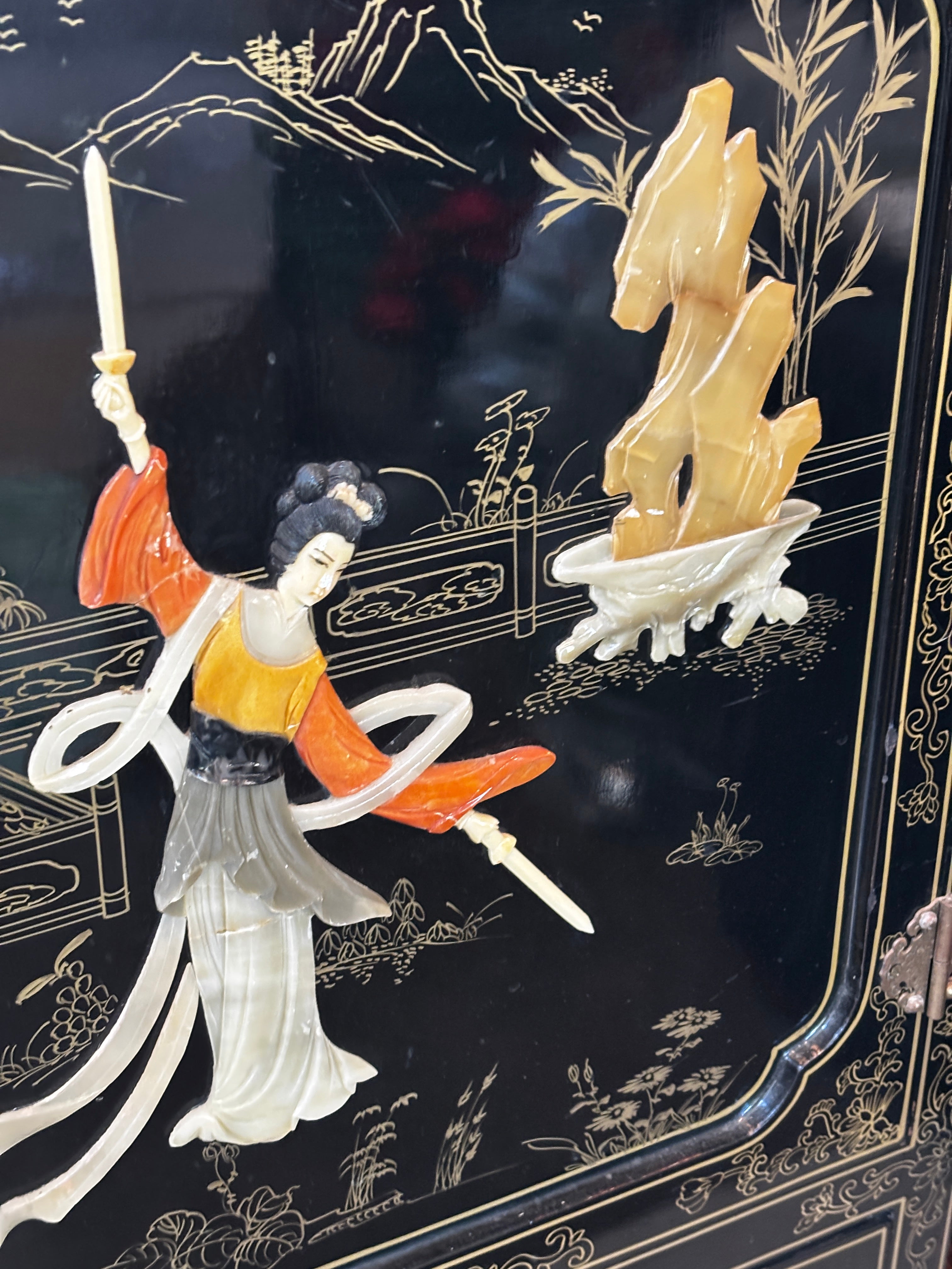 Vintage Asian Style Black Lacquer Cabinet with Mother-of-Pearl Inlay