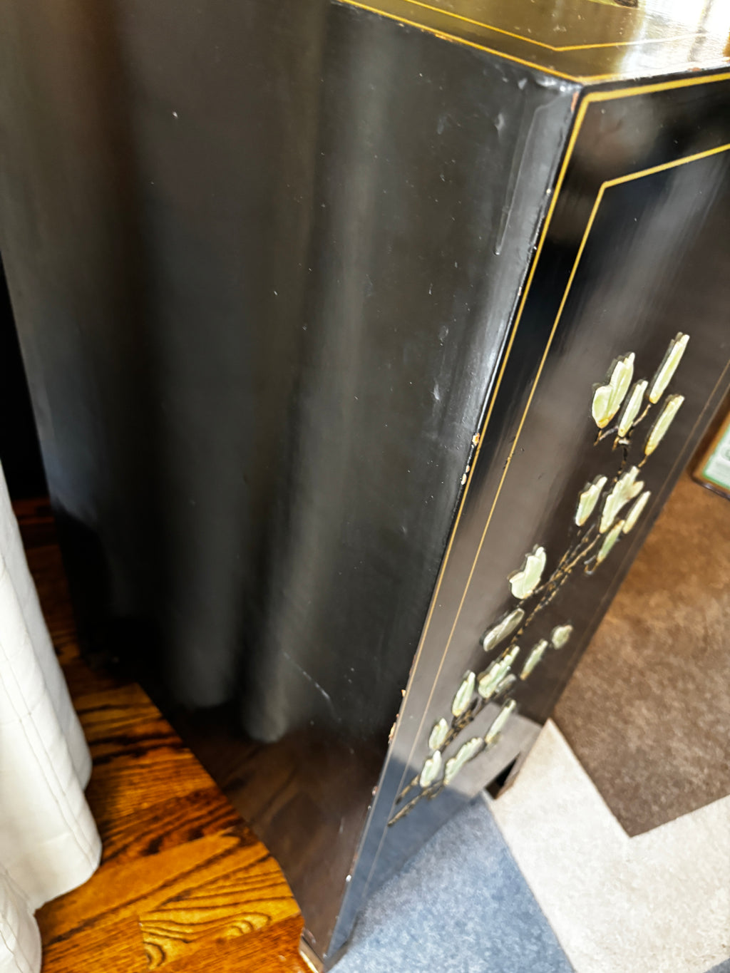 Vintage Asian Style Black Lacquer Cabinet with Mother-of-Pearl Inlay