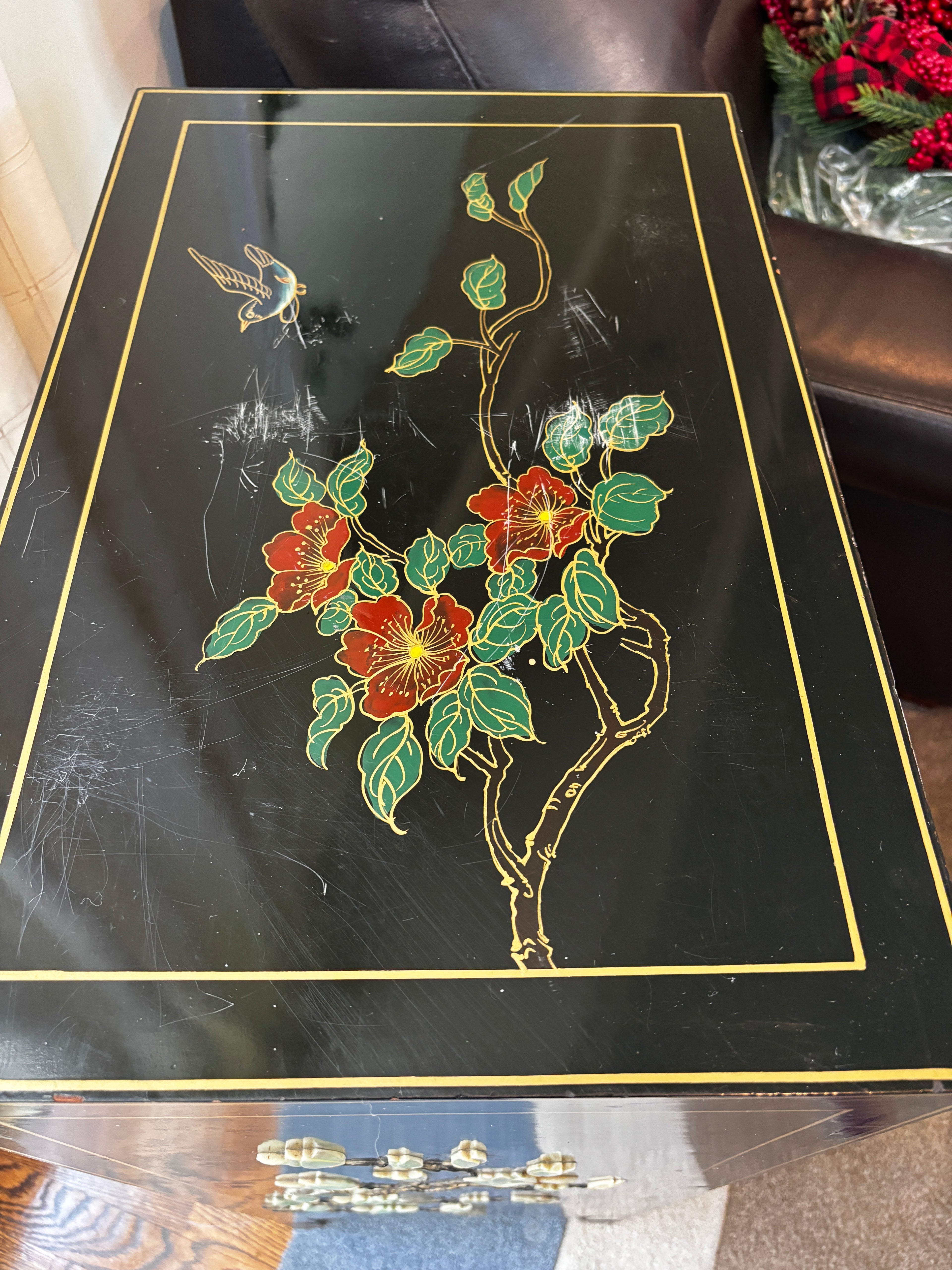 Vintage Asian Style Black Lacquer Cabinet with Mother-of-Pearl Inlay