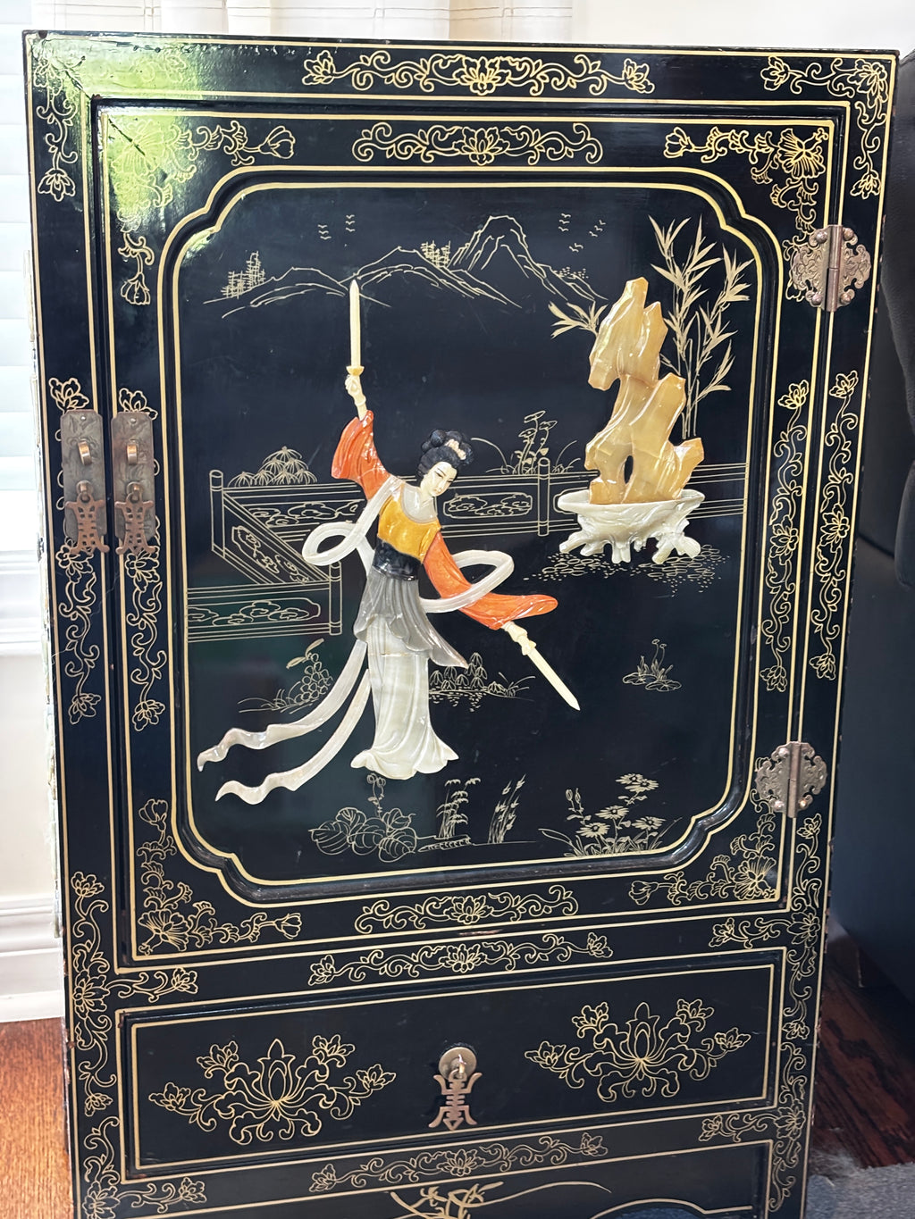Vintage Asian Style Black Lacquer Cabinet with Mother-of-Pearl Inlay