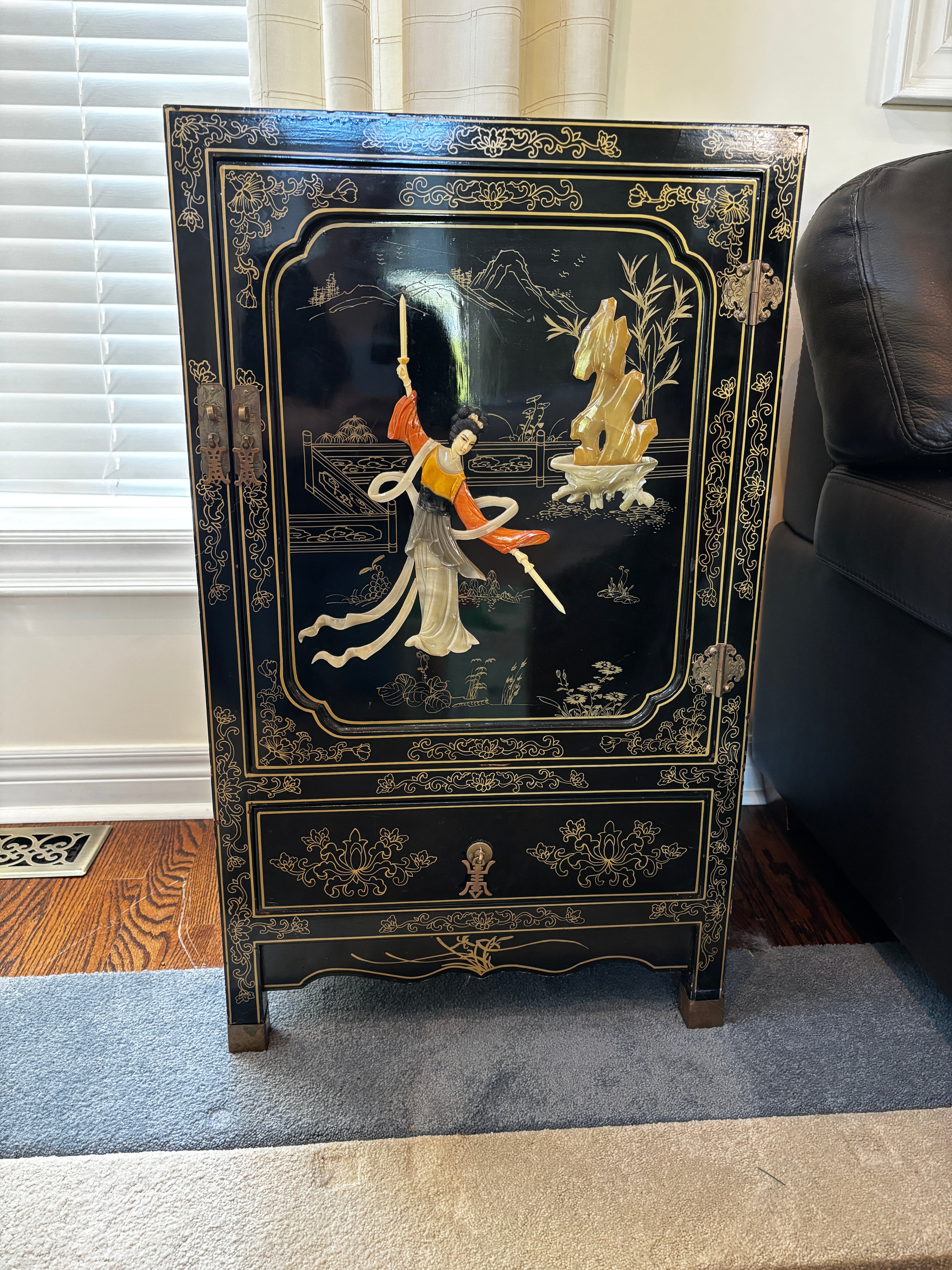 Vintage Asian Style Black Lacquer Cabinet with Mother-of-Pearl Inlay