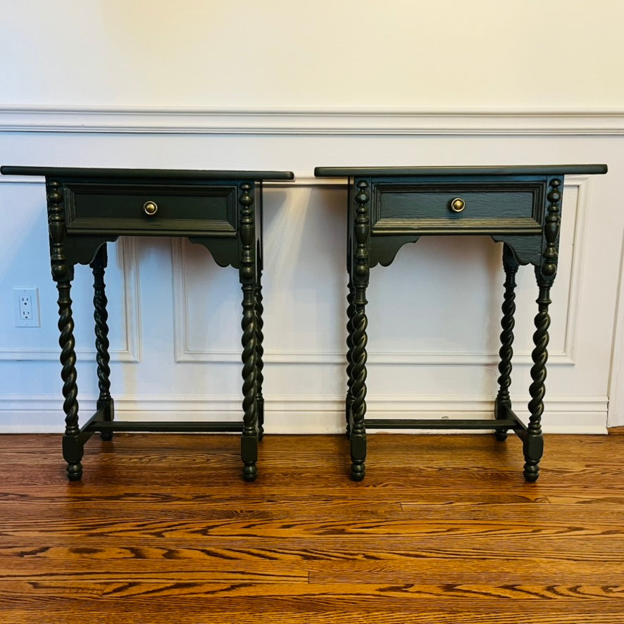 Solid Wood Vintage Barley-Twist Bedside Tables in Deep Olive solid brass knobs