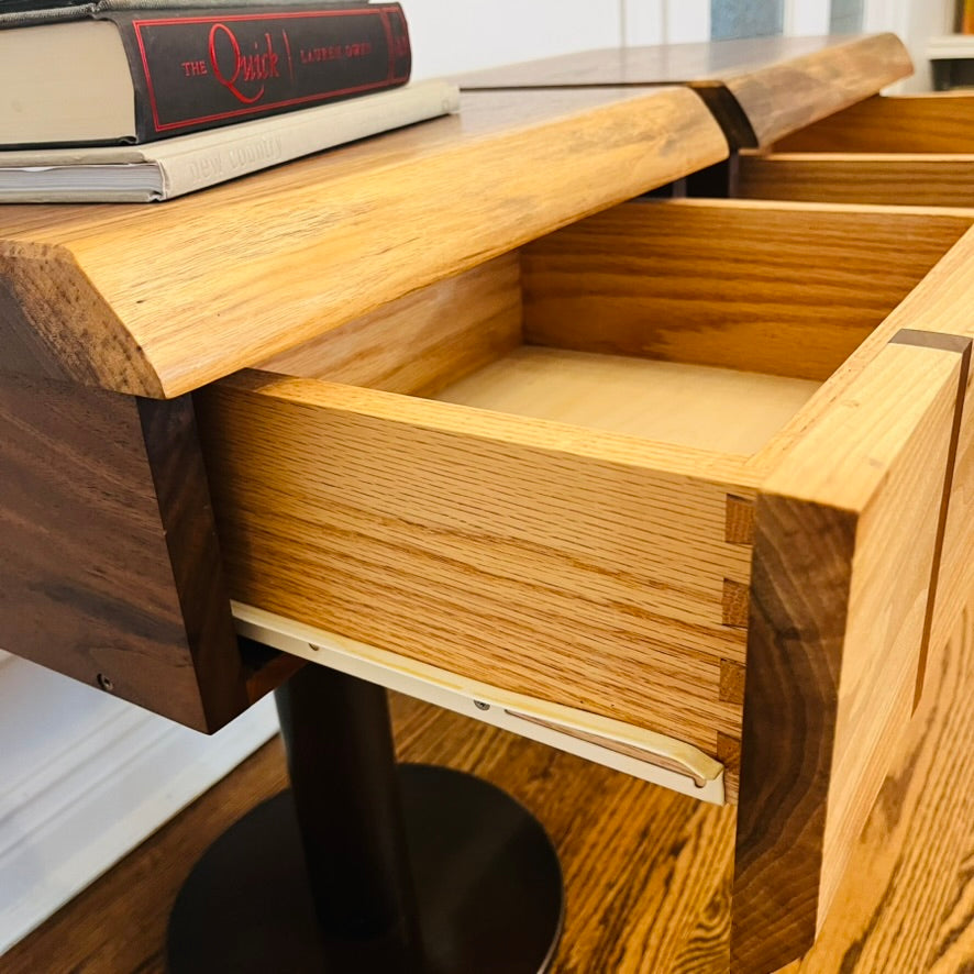 One-of-a-Kind Custom Solid Walnut Bedside Tables with Solid Steel Pedestal Bases