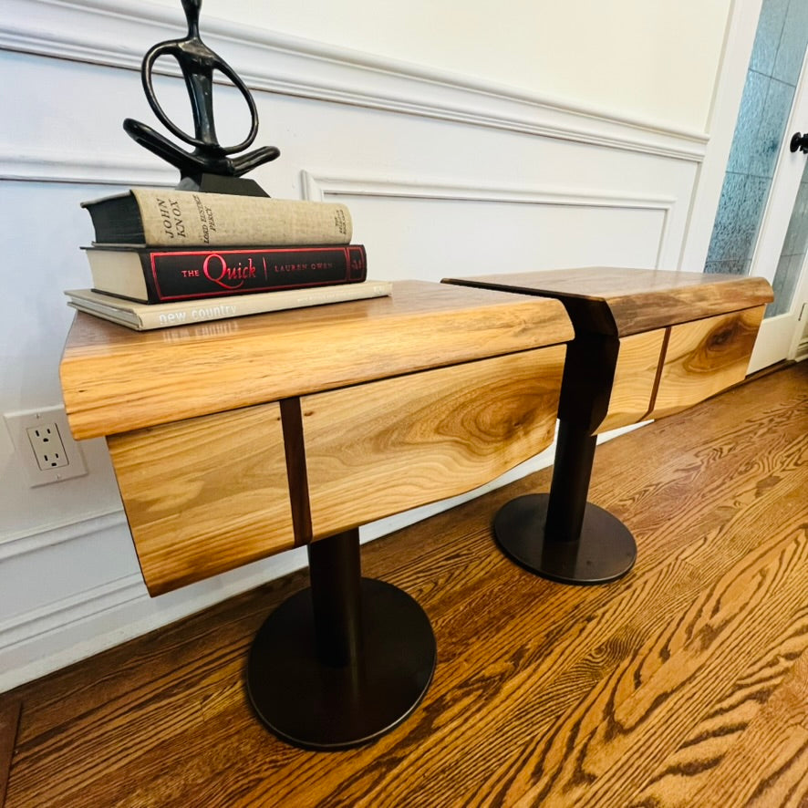 One-of-a-Kind Custom Solid Walnut Bedside Tables with Solid Steel Pedestal Bases