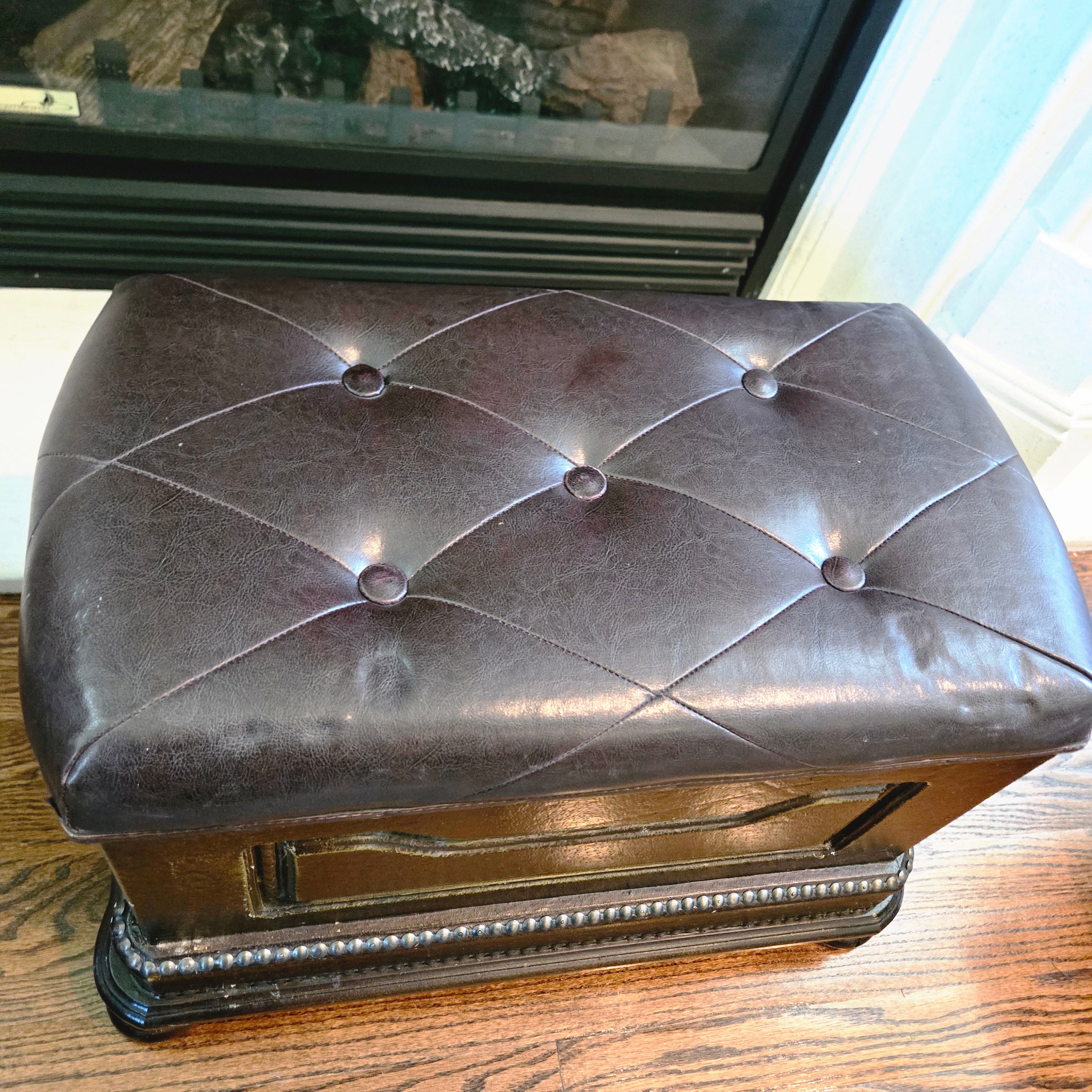 Vintage Tufted Dark Brown Leather Storage Ottoman / Trunk
