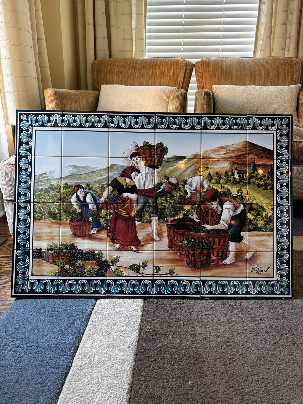 Vintage Hand-Painted Ceramic Tile Mural Art Titled Portugal