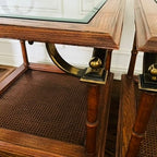 Pair of Vintage Cane & Glass End Tables with Brass Detail