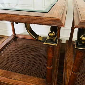 Pair of Vintage Cane & Glass End Tables with Brass Detail