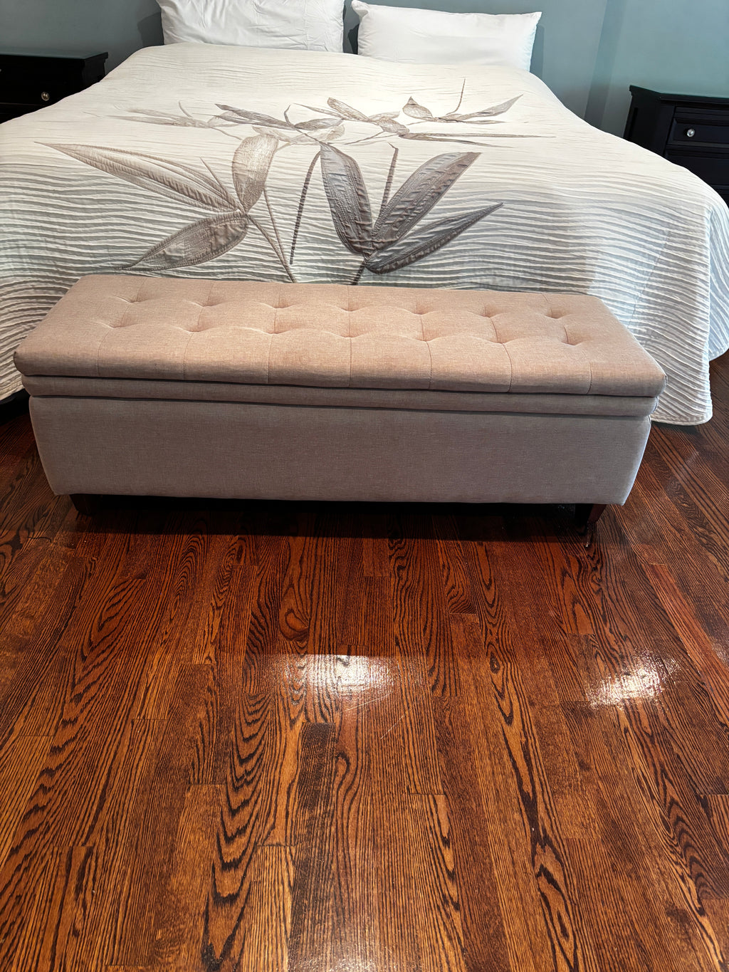 Tufted Storage Ottoman Bench - Beige / Cream Fabric