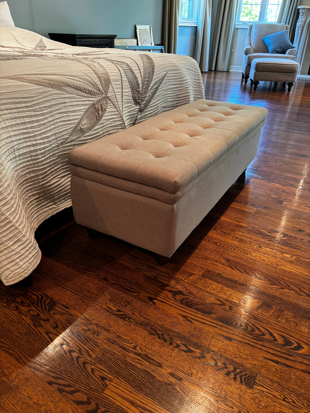 Tufted Storage Ottoman Bench - Beige / Cream Fabric