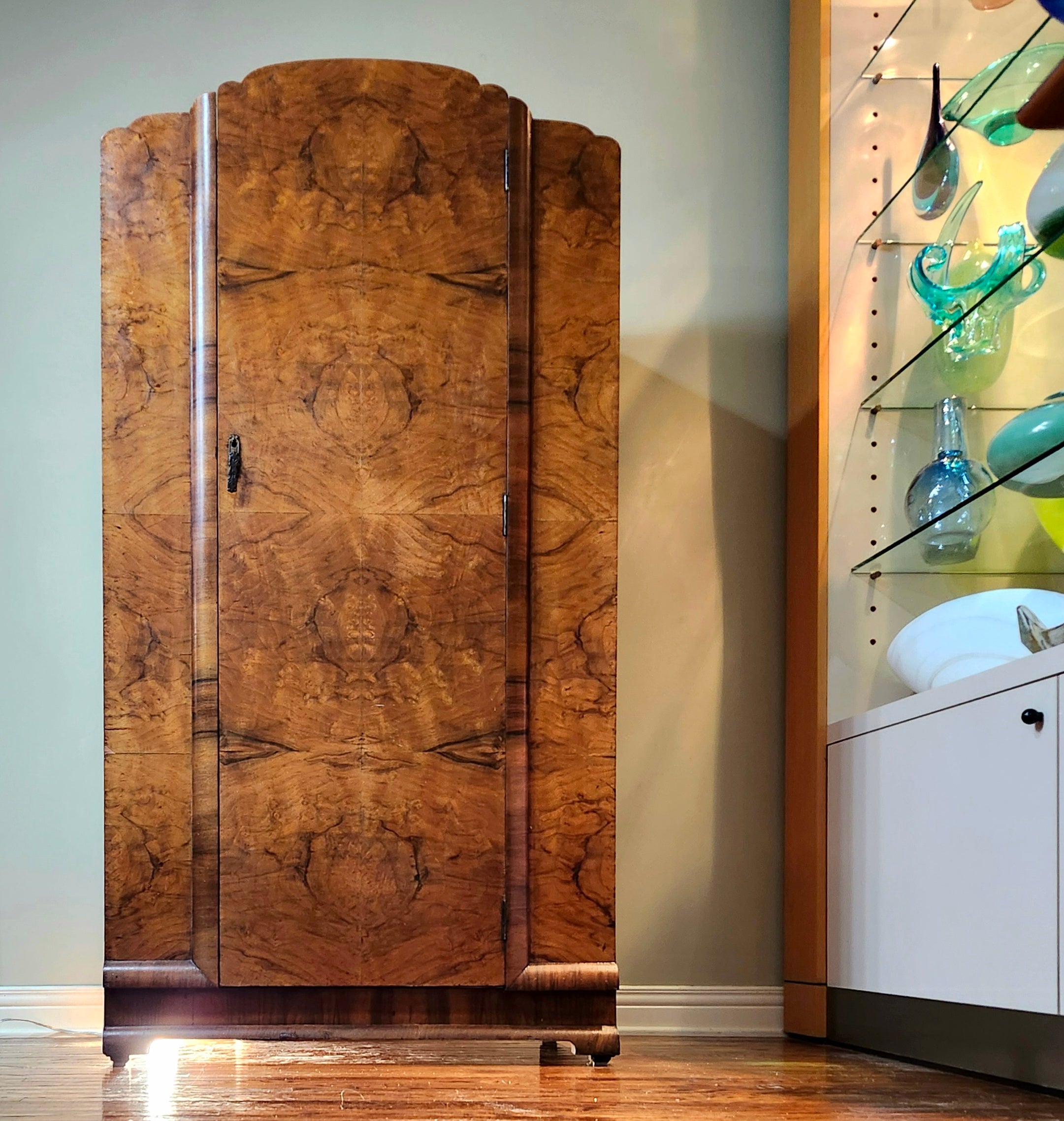 Art deco burled maple petite armoire
