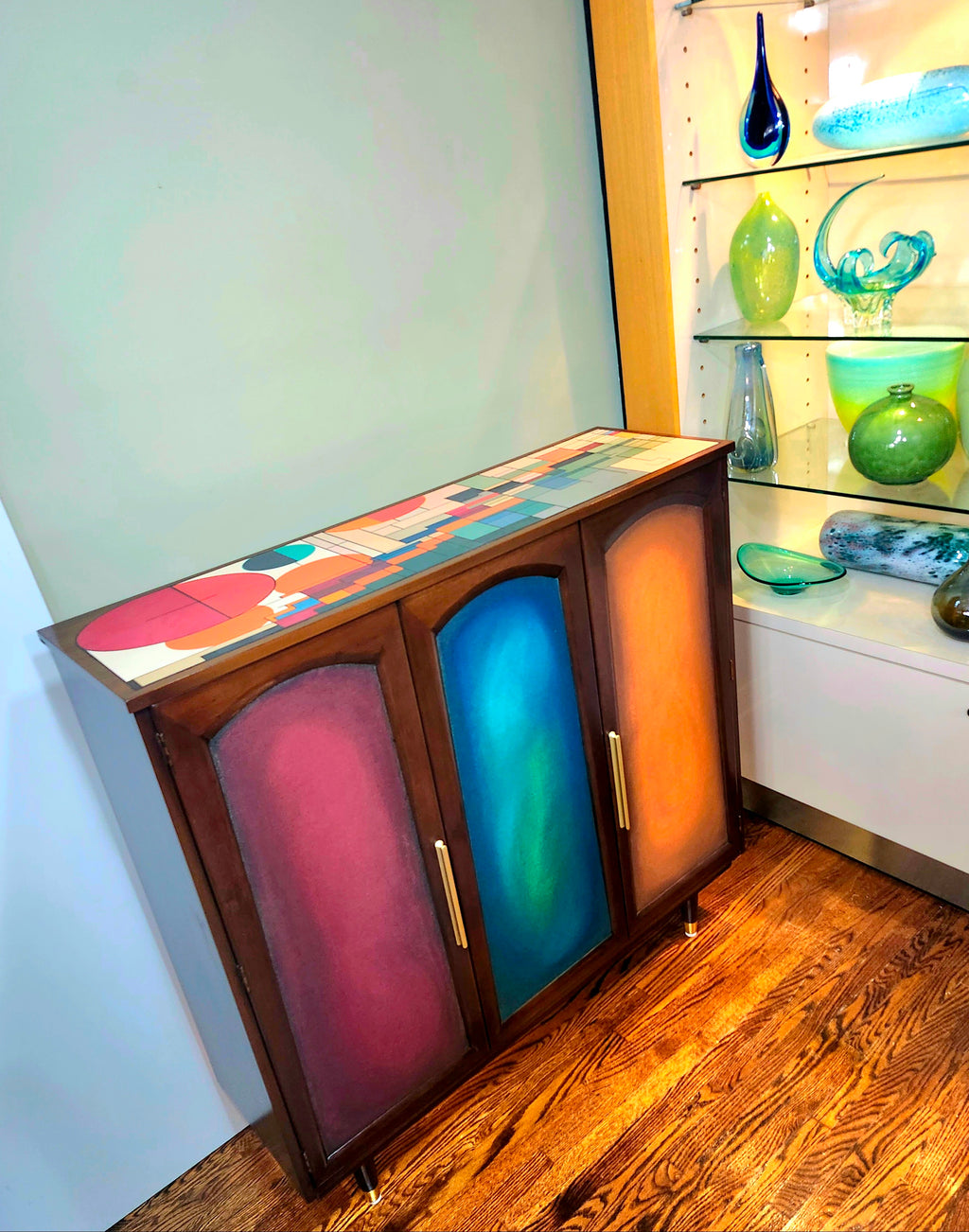 Mid-century modern unique Bauhaus movement inspired walnut cabinet