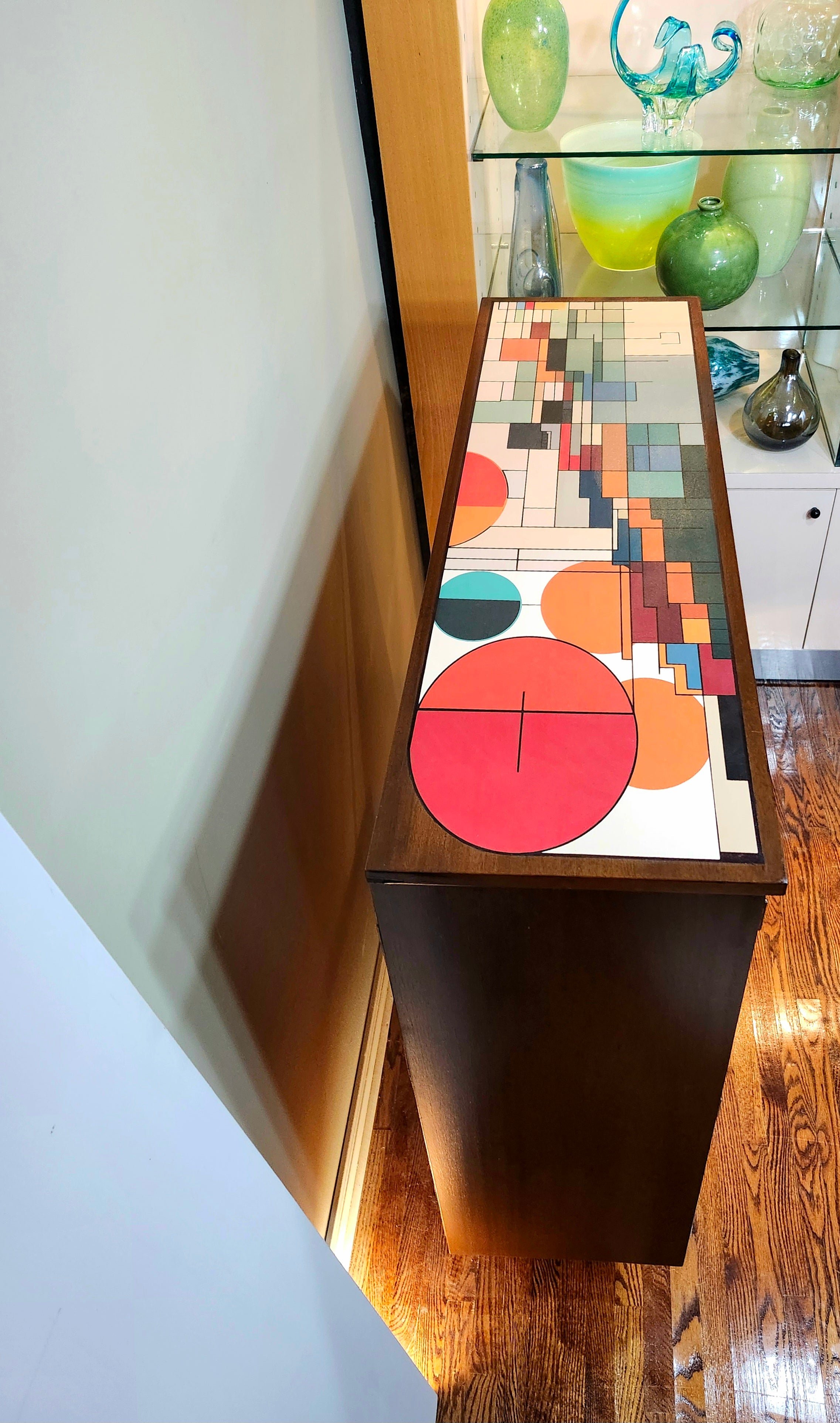 Mid-century modern unique Bauhaus movement inspired walnut cabinet