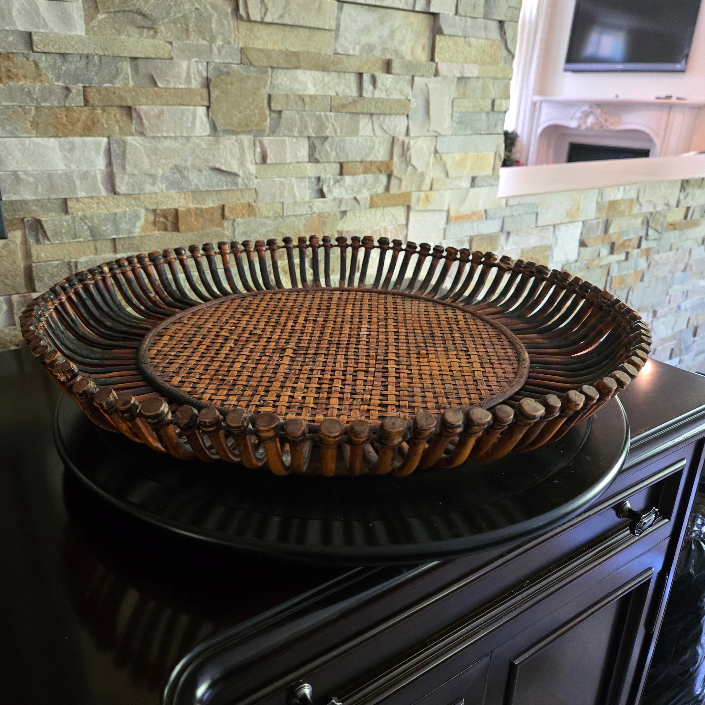 Woven Rattan & Wood Serving Tray/Lazy Susan