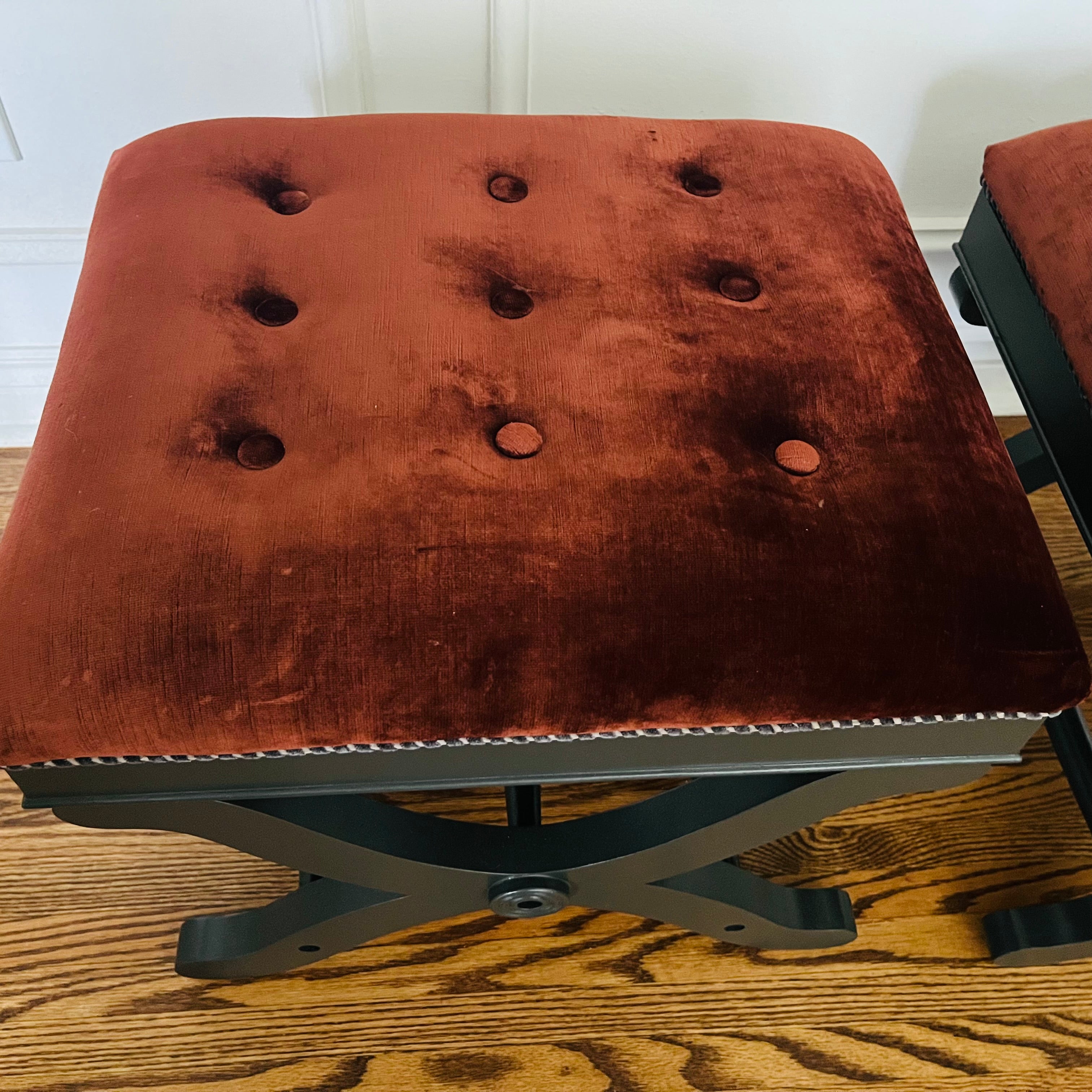 Pair of Rust Velvet Tufted X-Base Benches / Stools