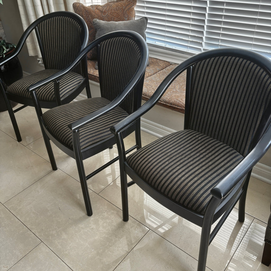 Custom Black Lacquered Wood Dining Chairs with Striped Cushions