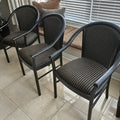 Custom Black Lacquered Wood Dining Chairs with Striped Cushions