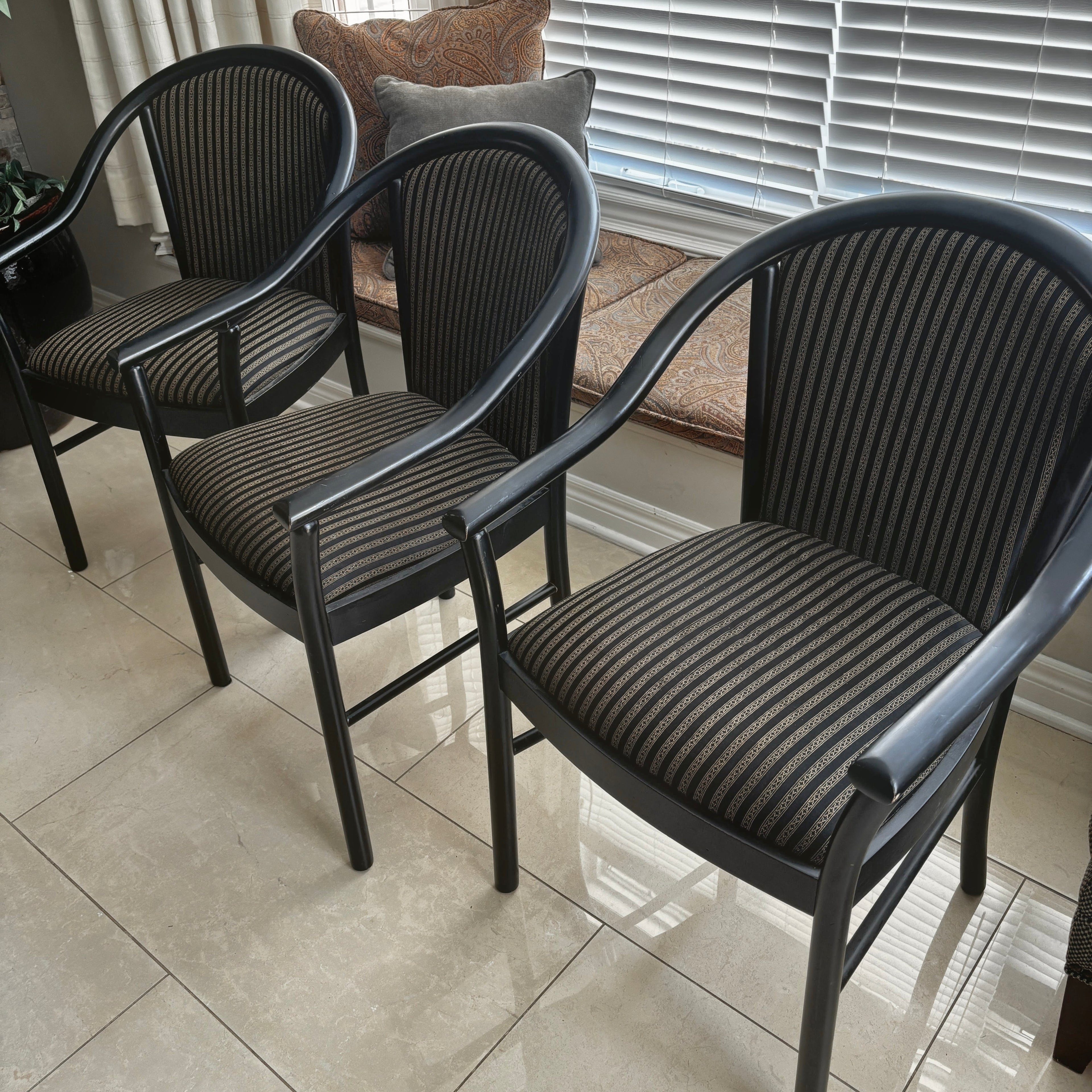 Custom Black Lacquered Wood Dining Chairs with Striped Cushions