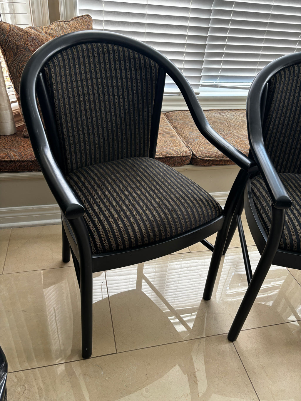 Custom Black Lacquered Wood Dining Chairs with Striped Cushions