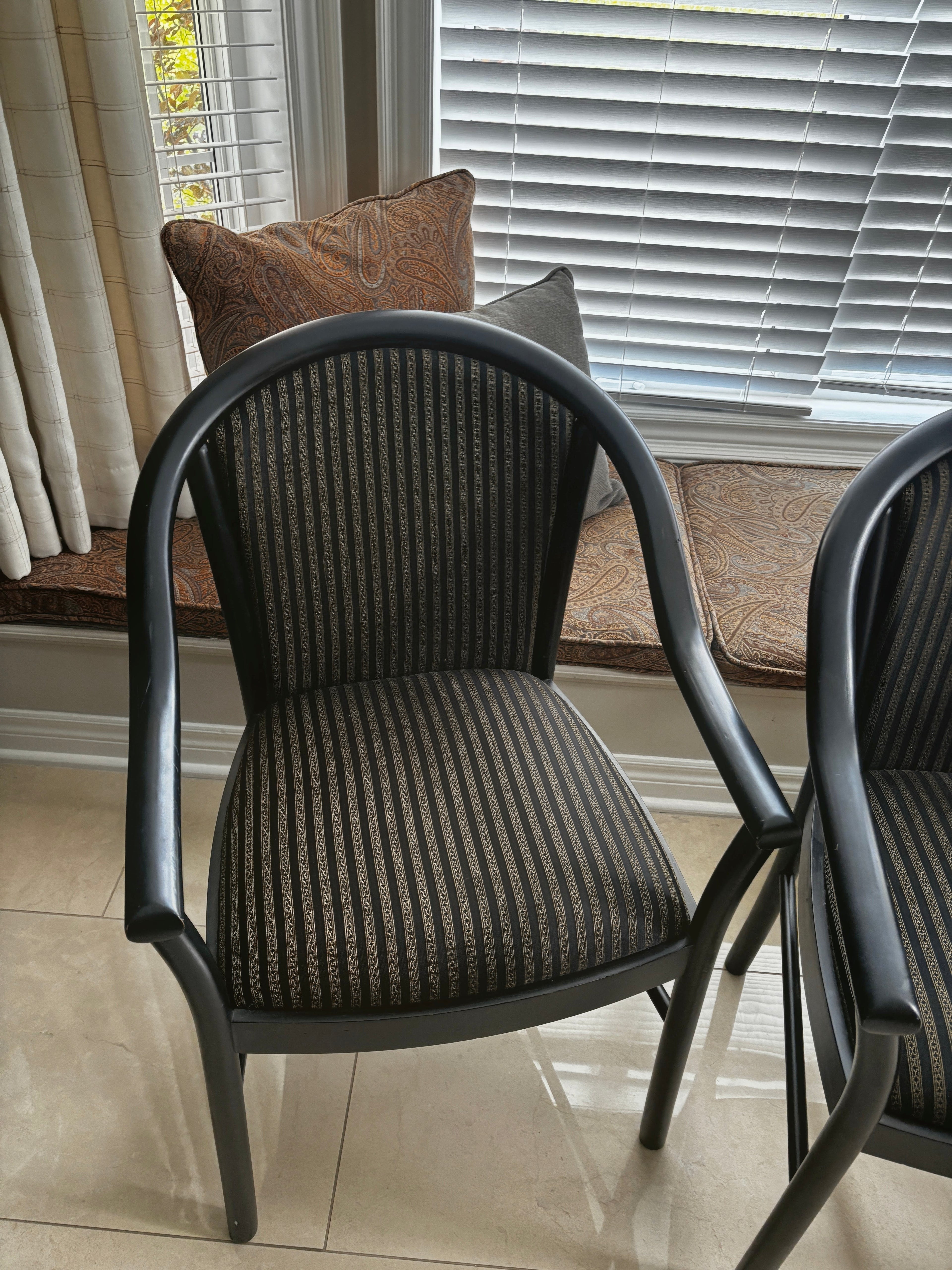 Custom Black Lacquered Wood Dining Chairs with Striped Cushions