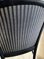 Custom Black Lacquered Wood Dining Chairs with Striped Cushions