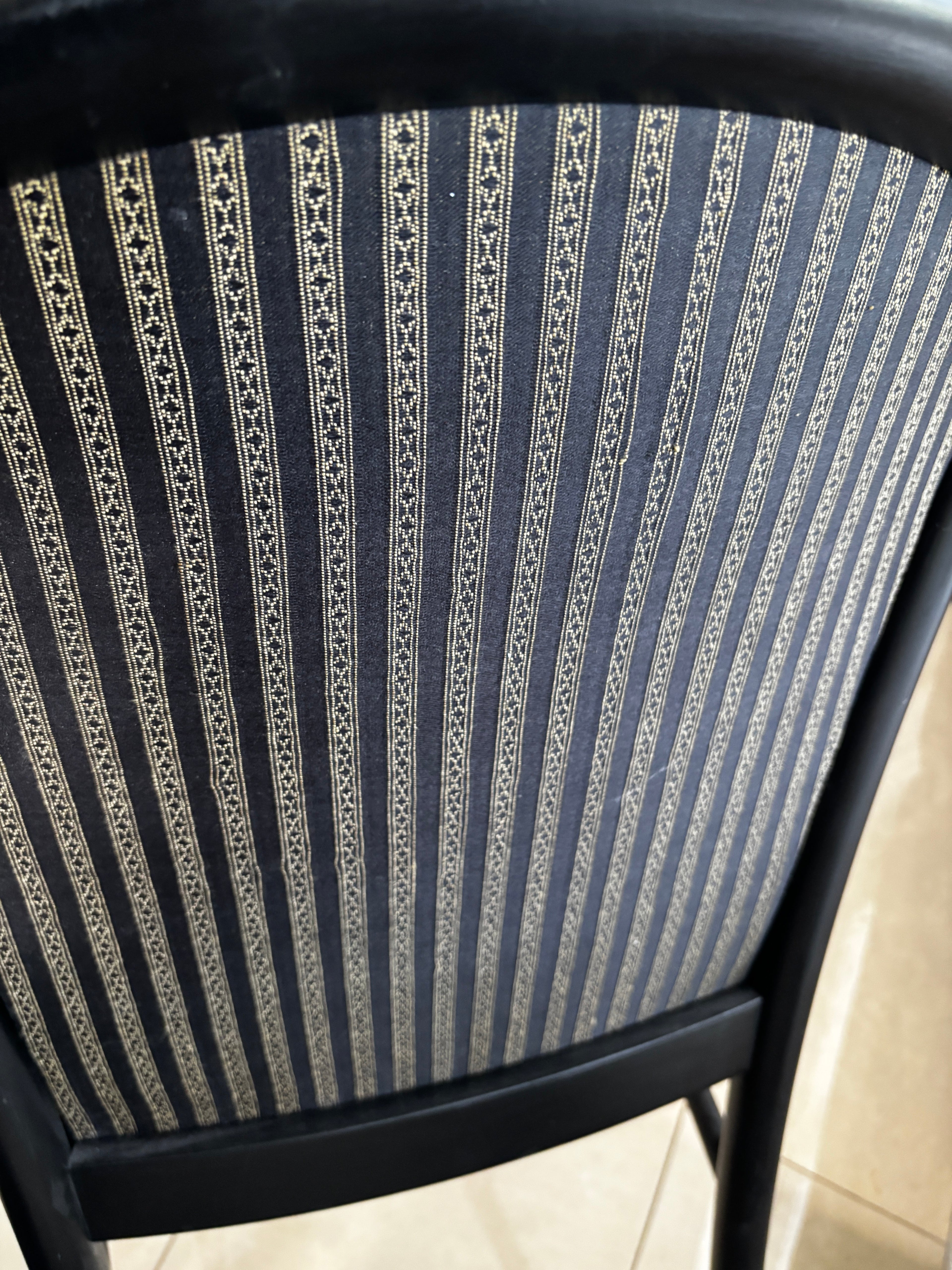 Custom Black Lacquered Wood Dining Chairs with Striped Cushions