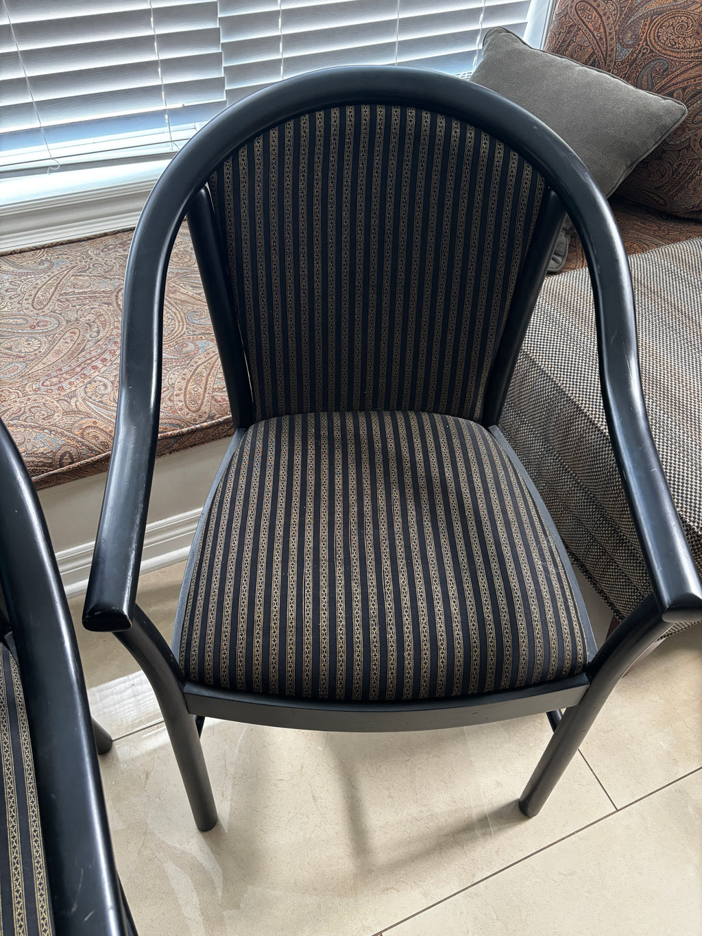 Custom Black Lacquered Wood Dining Chairs with Striped Cushions