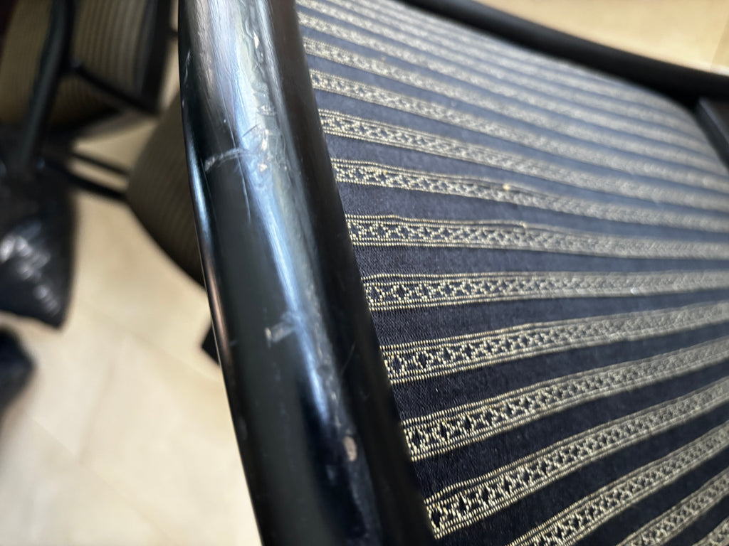 Custom Black Lacquered Wood Dining Chairs with Striped Cushions