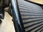 Custom Black Lacquered Wood Dining Chairs with Striped Cushions