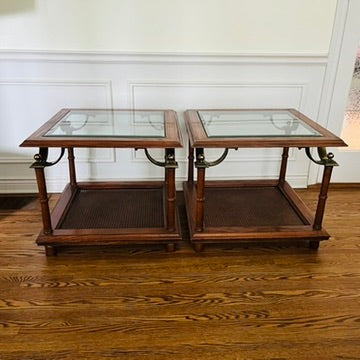 Pair of Vintage Cane & Glass End Tables with Brass Detail