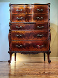 Romweber Louis XV flame mahogany tallboy dresser