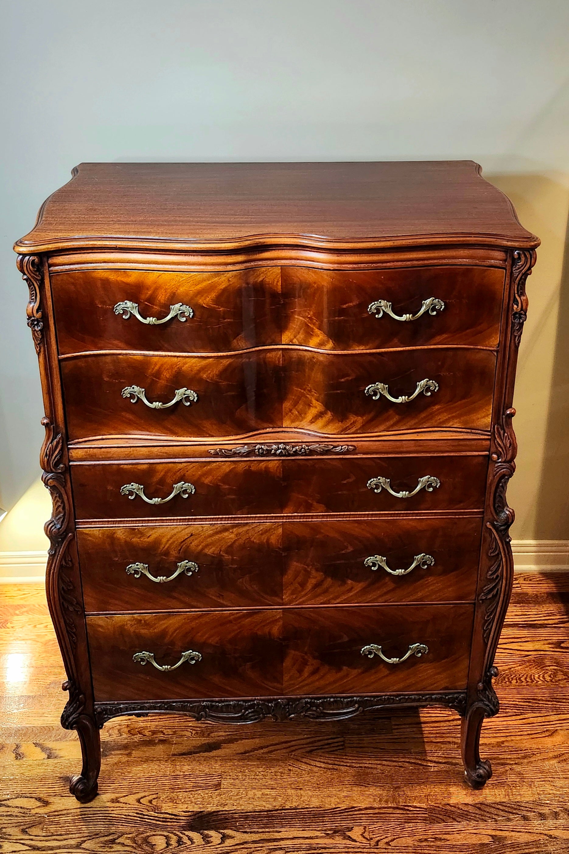 Romweber Louis XV flame mahogany tallboy dresser