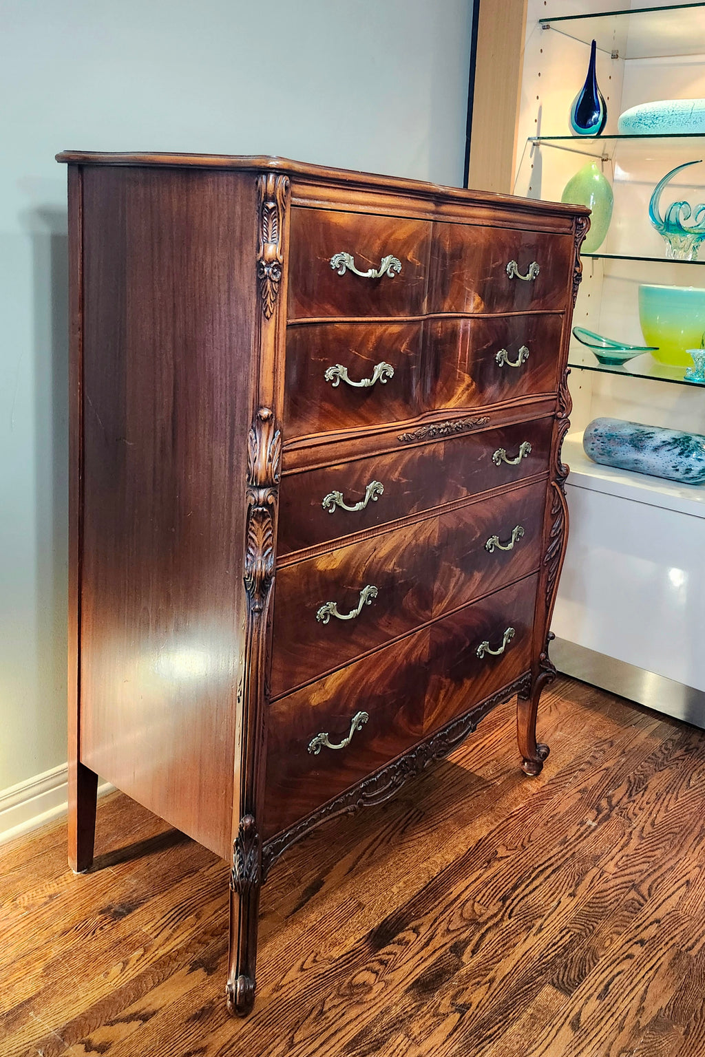 Romweber Louis XV flame mahogany tallboy dresser