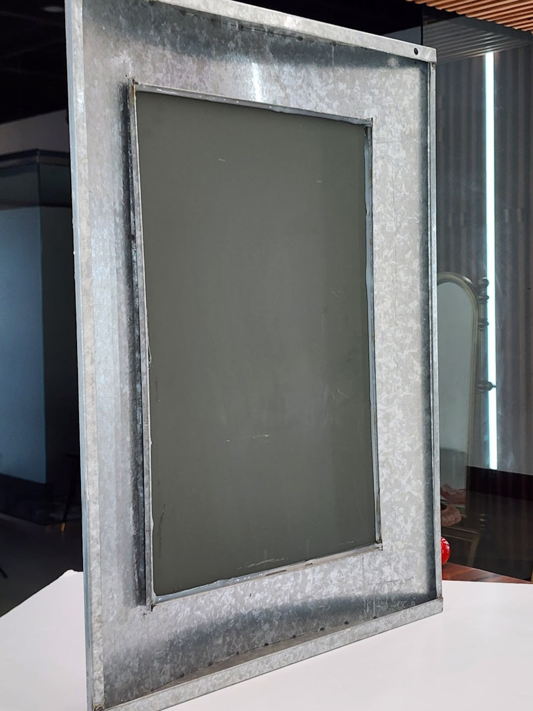 Brutalist mid-century modern industrial brushed steel mirror