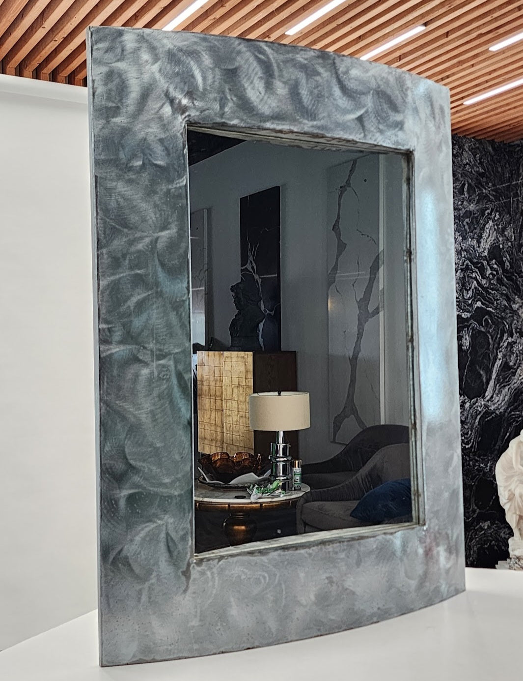 Brutalist mid-century modern industrial brushed steel mirror