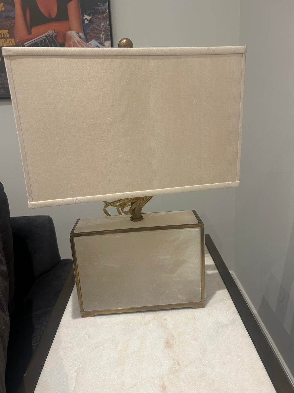 Vintage Alabaster Cube Lamp with Brass Trim