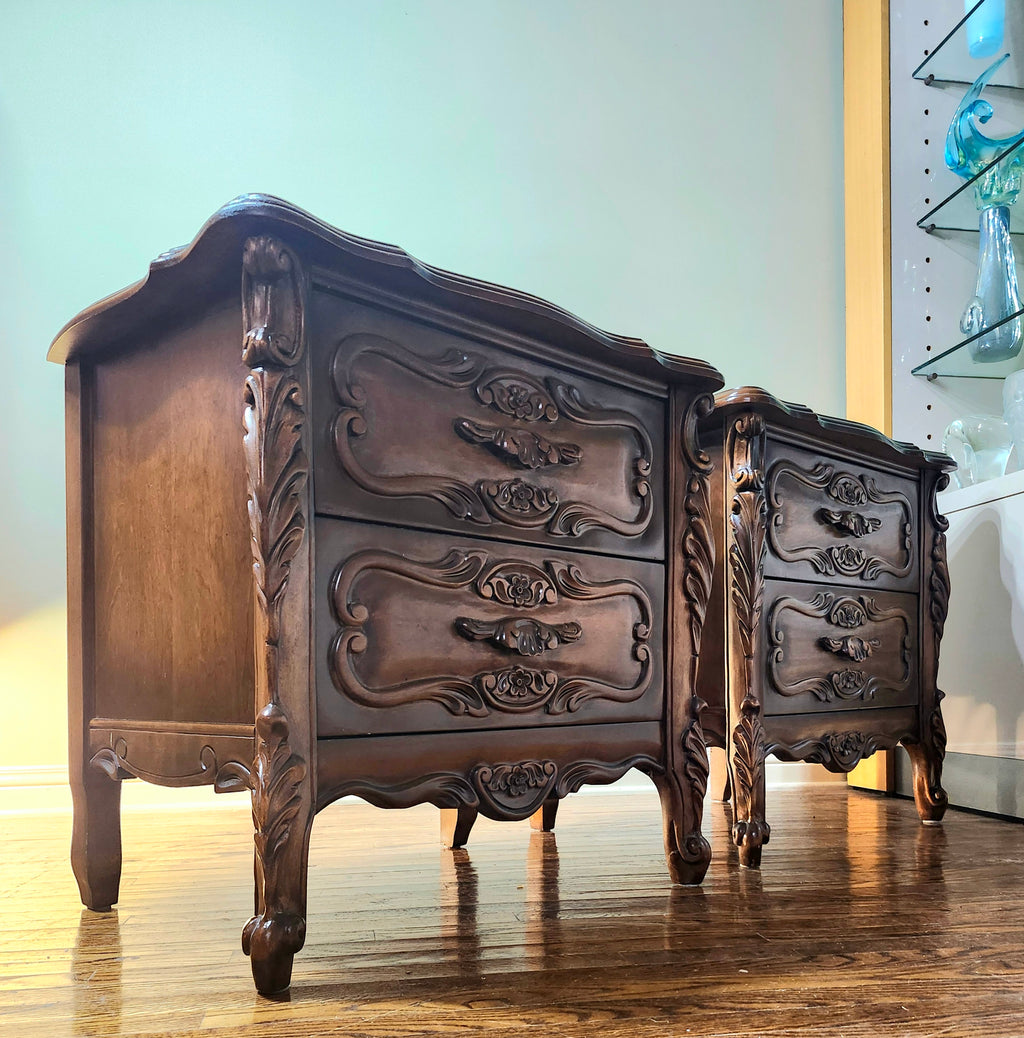 Pair of Ornate Carved Mahogany French Provincial Nightstands