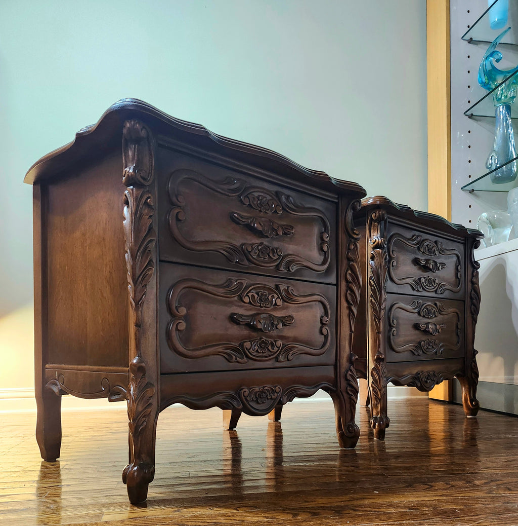 Ornate carved mahogany French Provincial nightstands (X2)