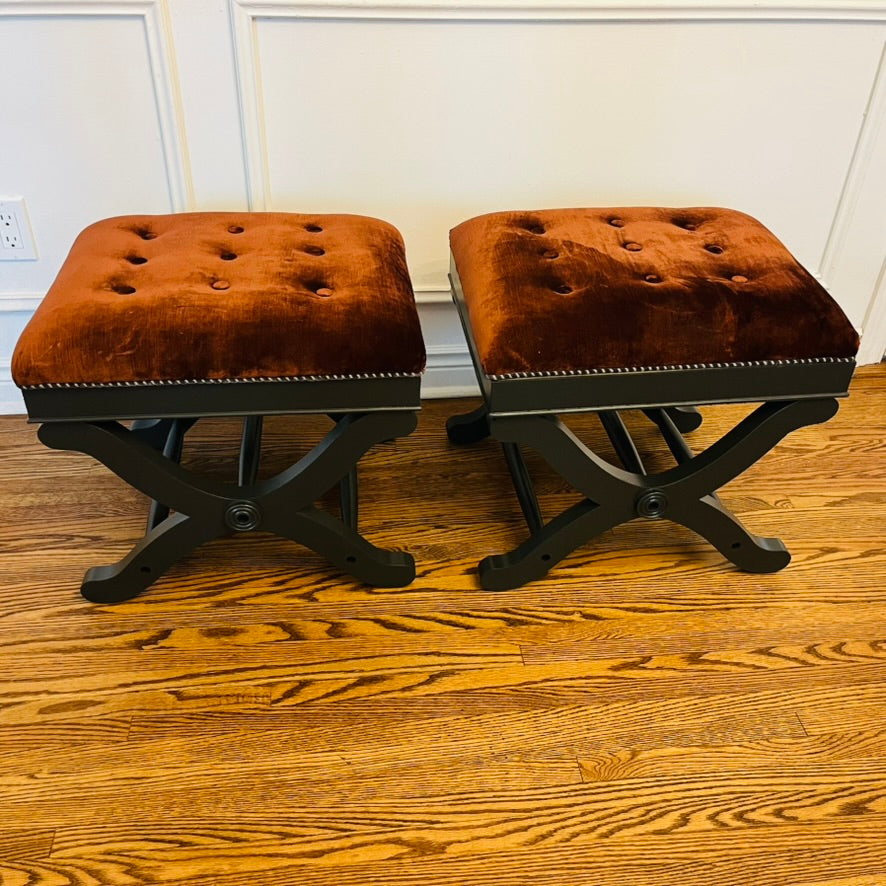 Pair of Rust Velvet Tufted X-Base Benches / Stools
