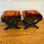Pair of Rust Velvet Tufted X-Base Benches / Stools