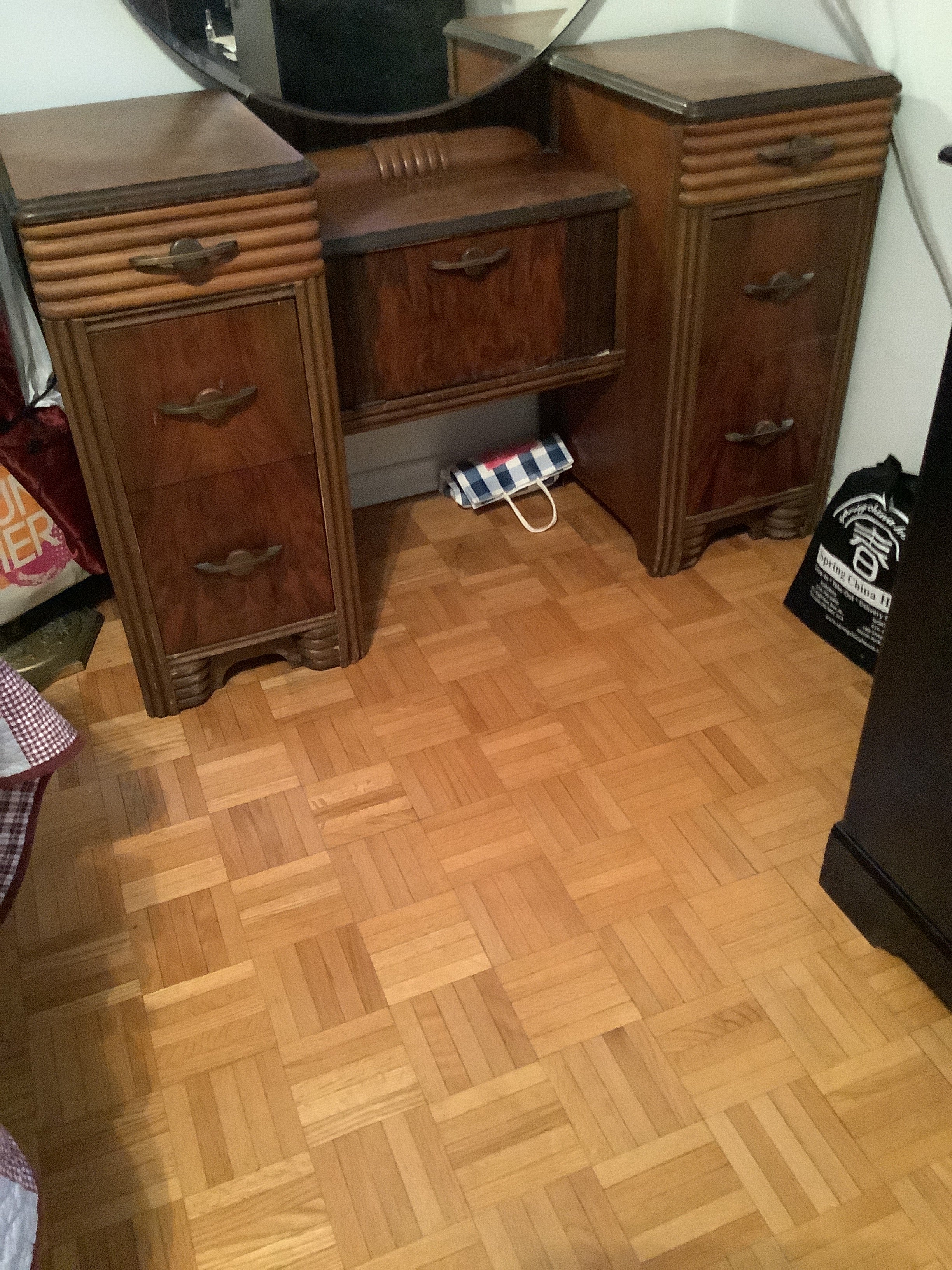 Classic vintage art deco vanity with round mirror 1930s.walnut wood of different shades