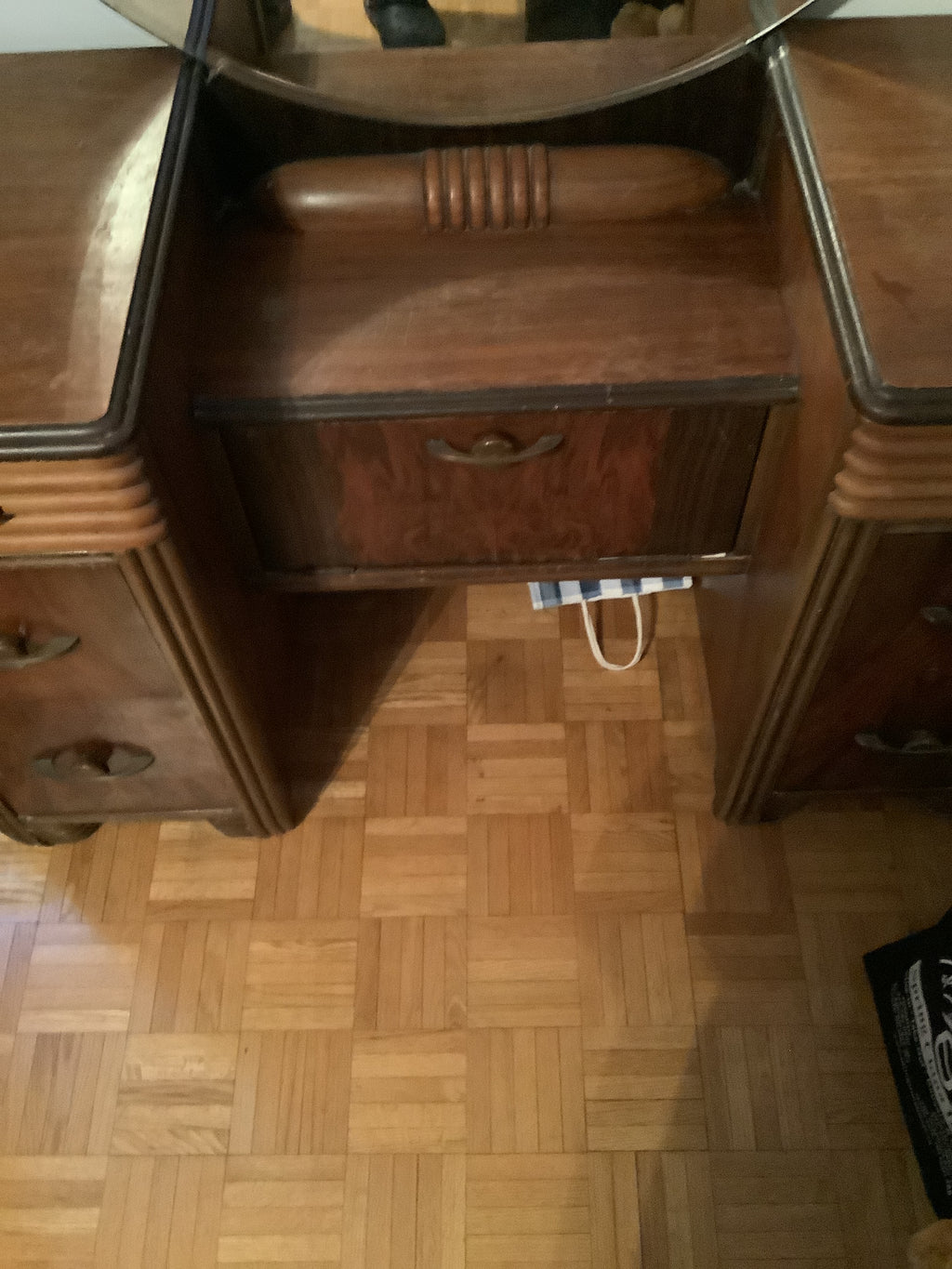 Classic vintage art deco vanity with round mirror 1930s.walnut wood of different shades